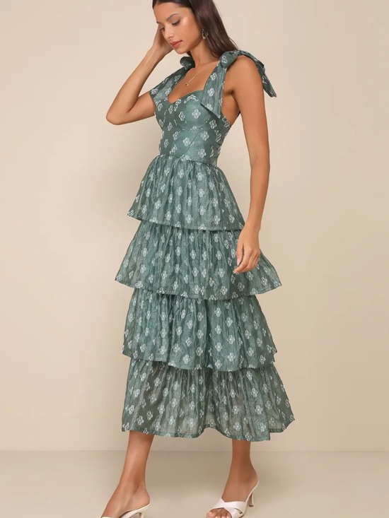 Lulus Dresses & Skirts - Gorgeous Excellence Teal Green Floral Burnout Tiered Midi Dress